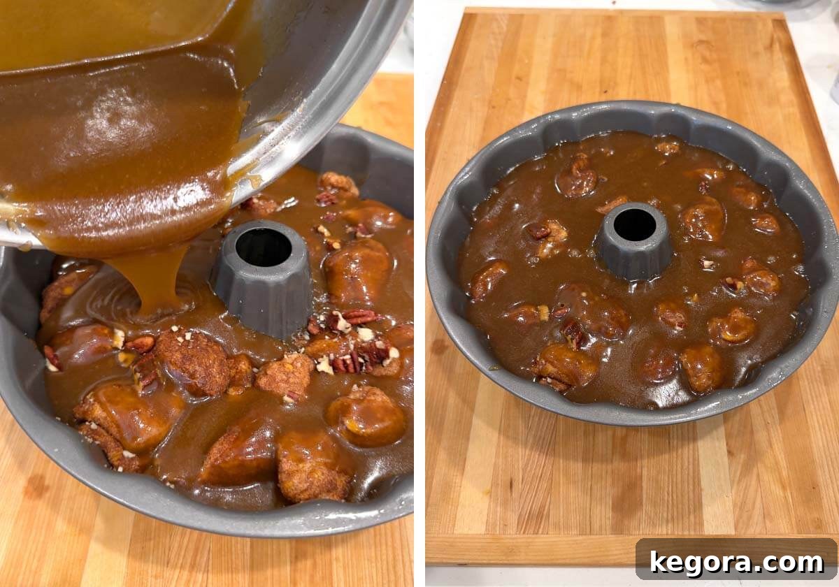 Gooey Cinnamon Monkey Bread Magic 10 pouring sauce over biscuits, pan before baking