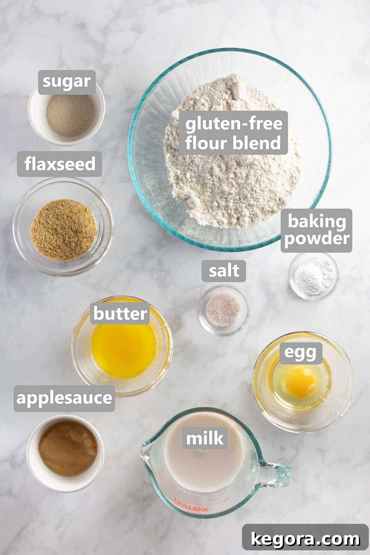 Gluten-Free Pancake Ingredients Overhead shot of gluten-free pancake ingredients laid out in bowls