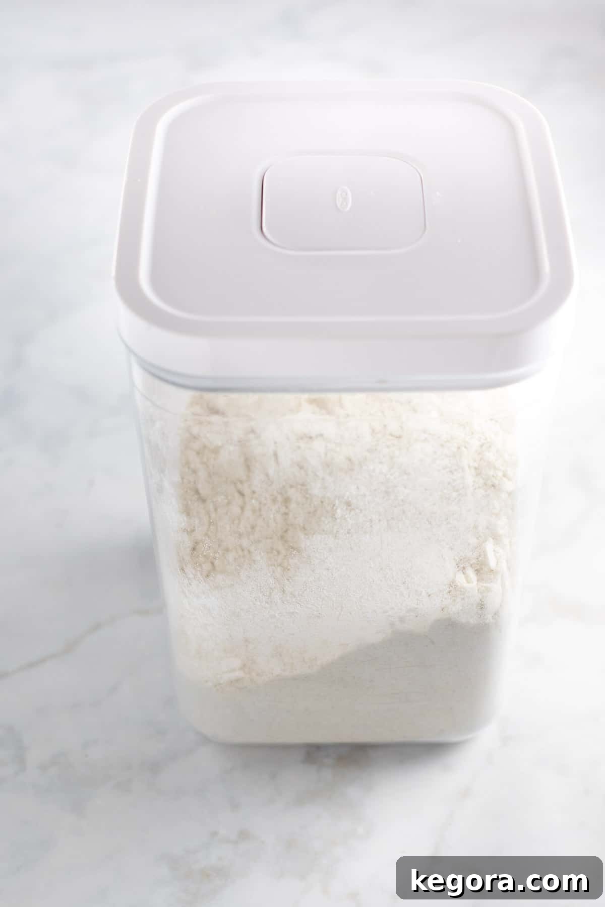 Homemade Gluten-Free Pancake Mix Tall plastic container filled with homemade gluten-free pancake flour blend