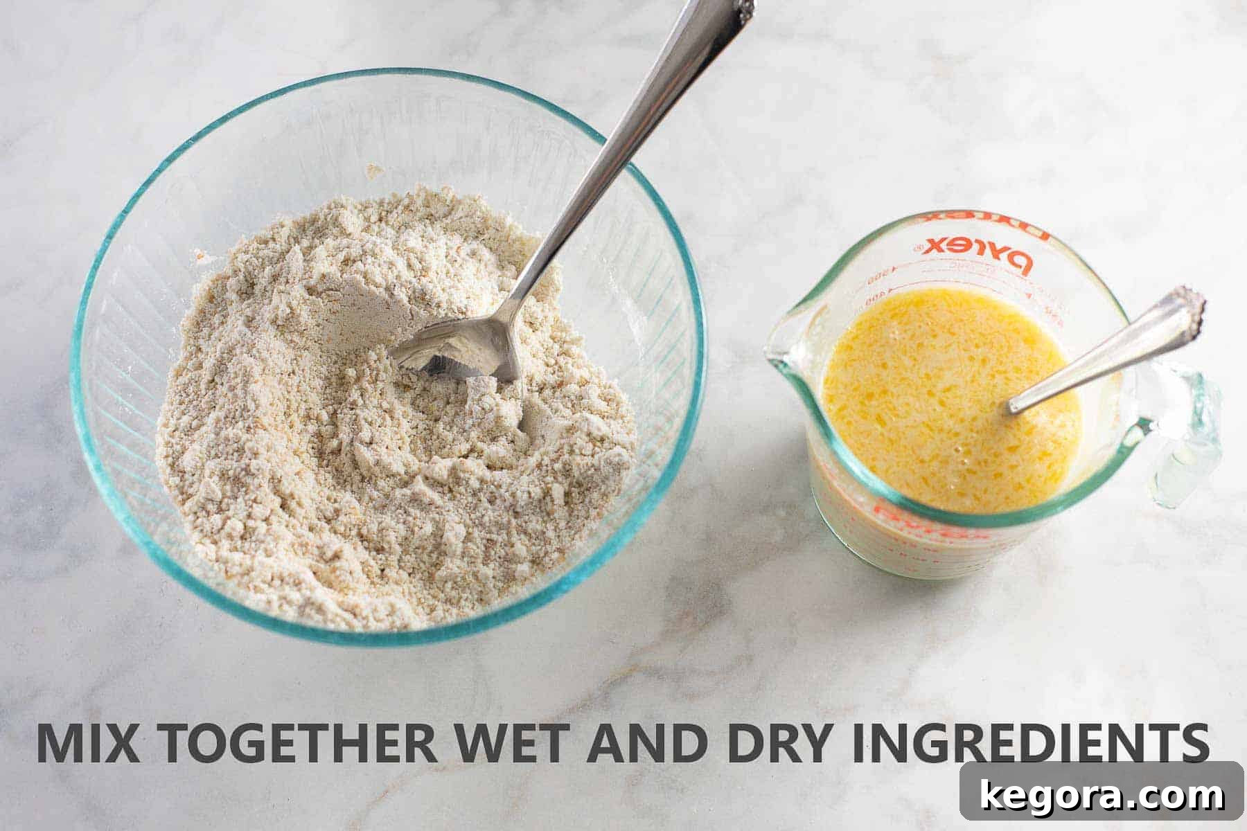 Gluten-Free Pancake Batter Preparation Dry and wet ingredients for gluten-free pancakes mixed separately in bowls