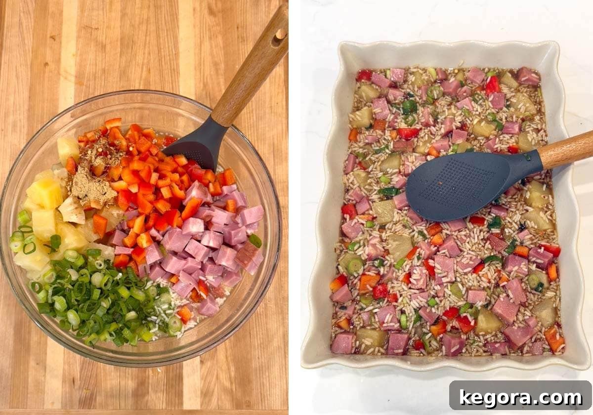 casserole ingredients added to a bowl, pressing rice down in baking dish