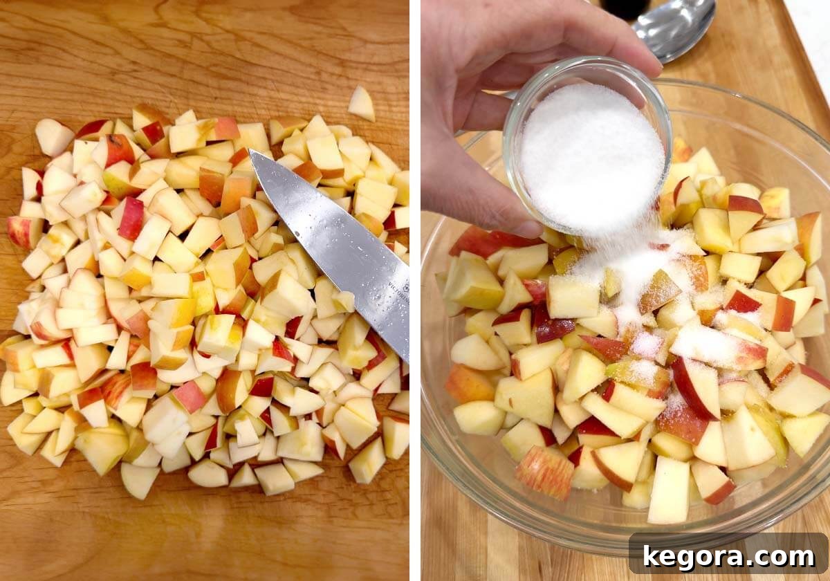 Chopped apples on a cutting board, ready for the filling