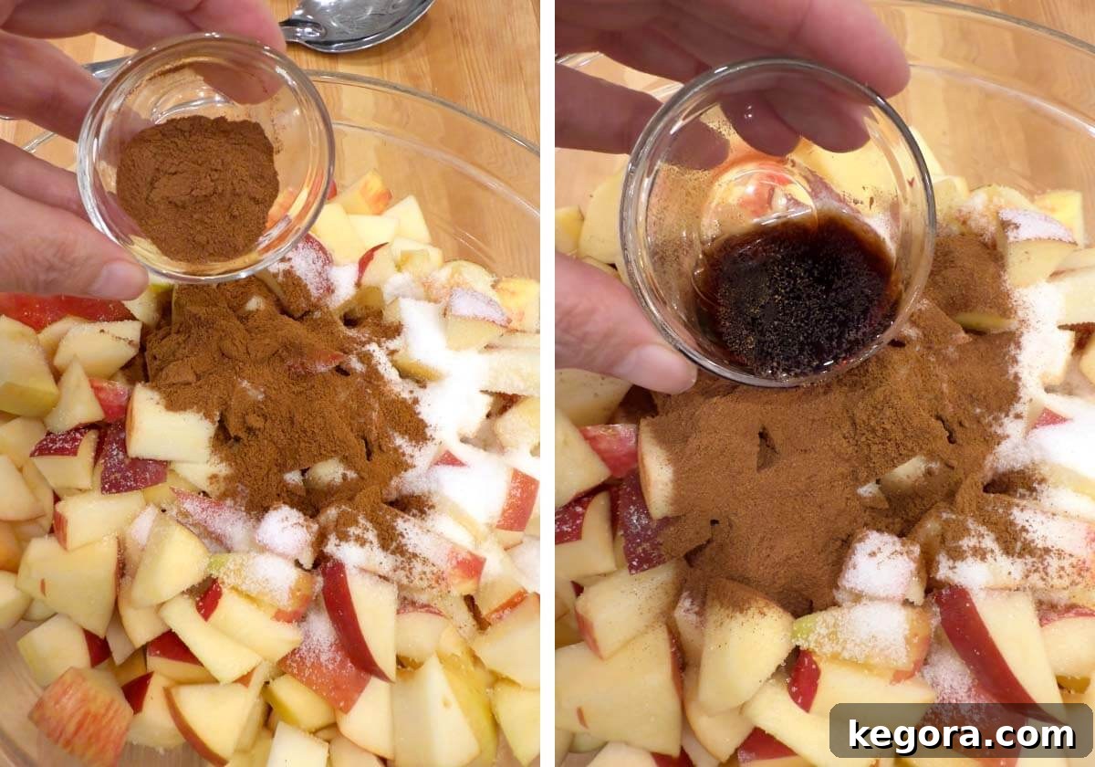 Adding cinnamon and vanilla to chopped apples in a bowl