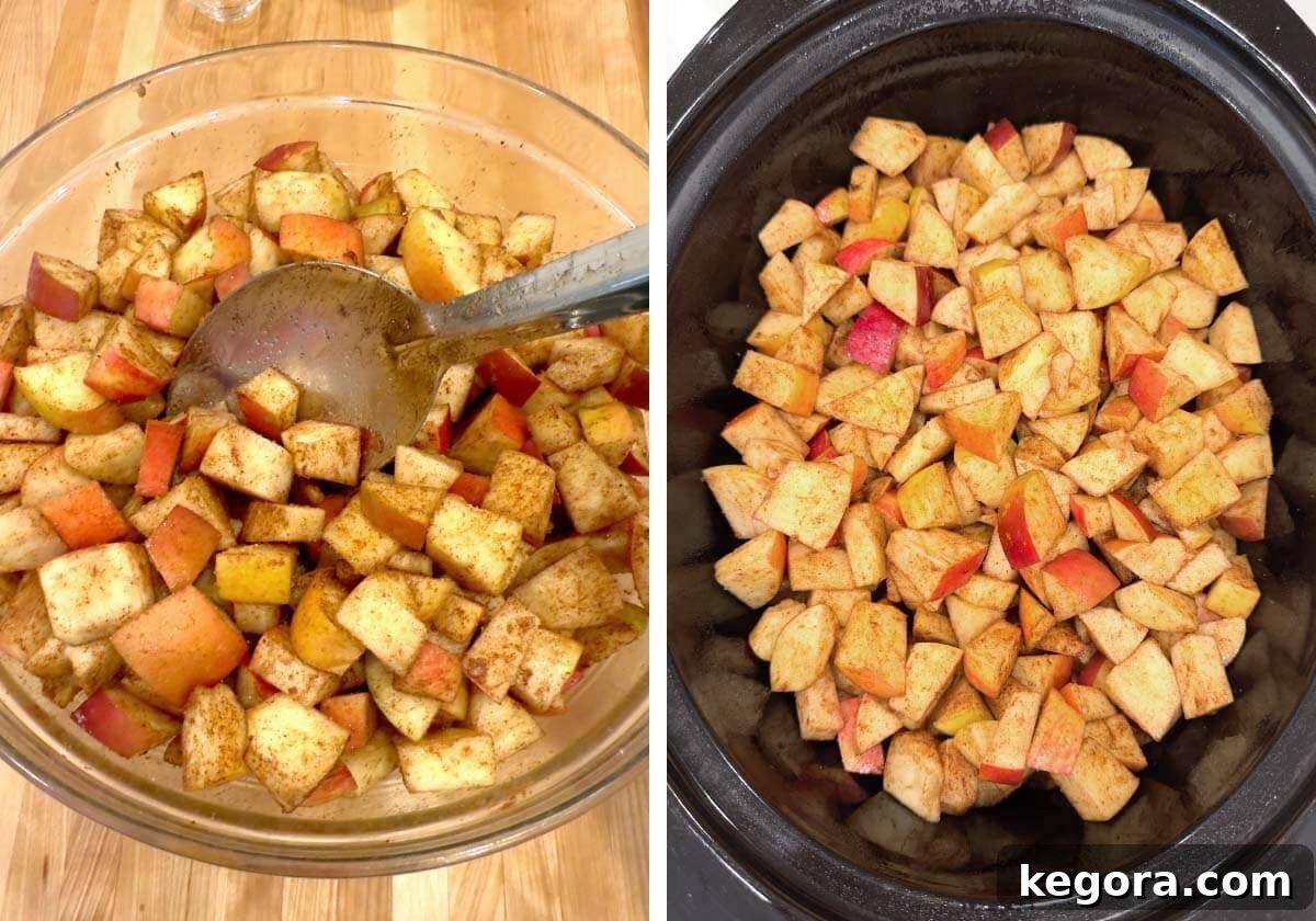 Mixing apple filling, then transferring it to the crock pot
