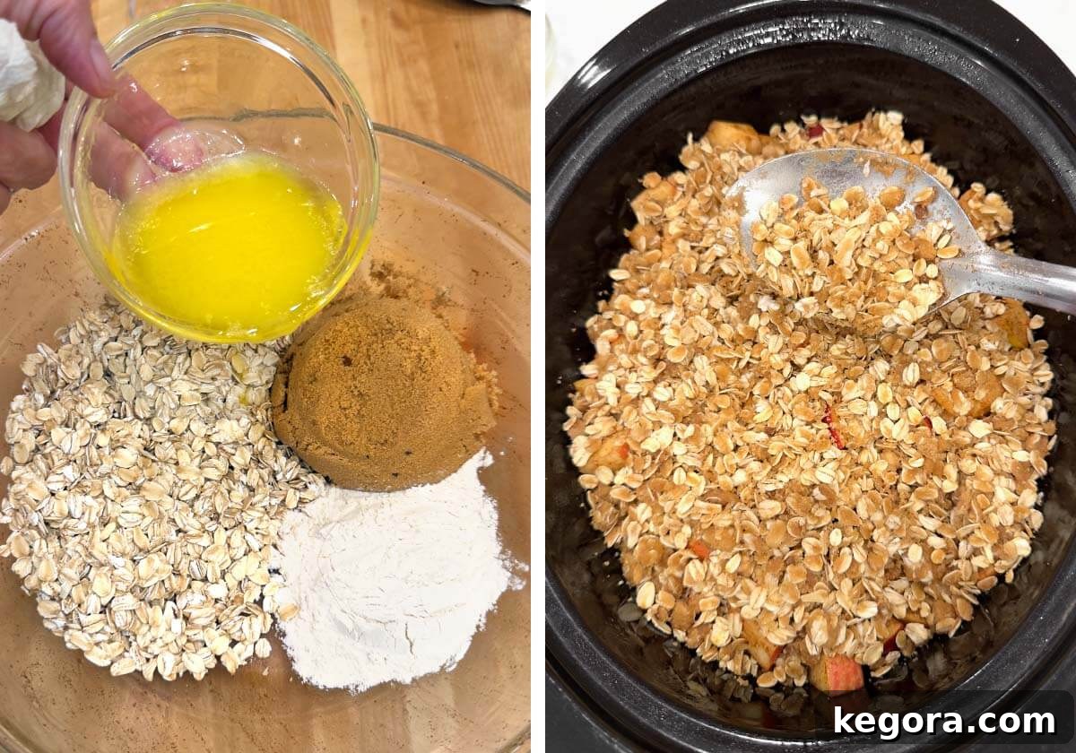 Mixing oats and crisp topping ingredients, then spooning crisp over apples in crockpot