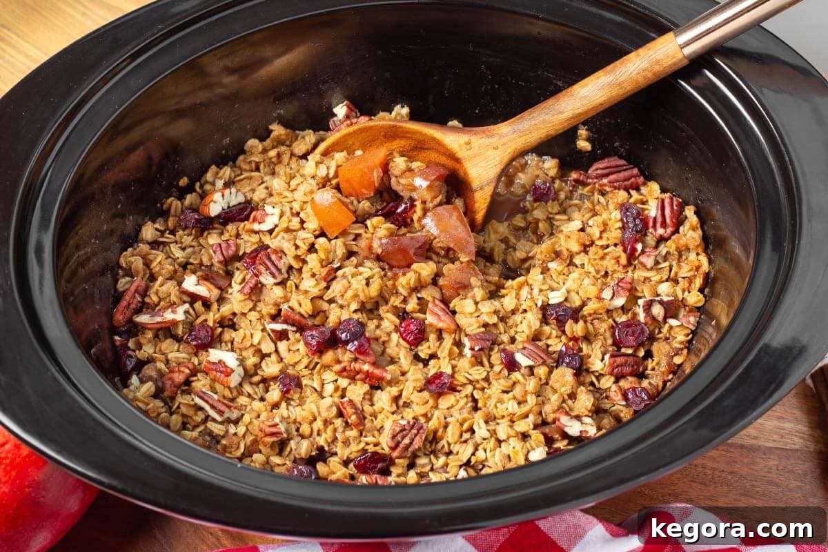 Close-up of Crockpot Apple Crisp with a scoop of ice cream