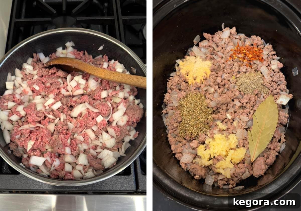 Effortless Slow Cooker Lasagna Soup 5 A two-part image showing ground beef and onions browning in a skillet on the left, and the browned meat mixture being added to a slow cooker with seasonings on the right.