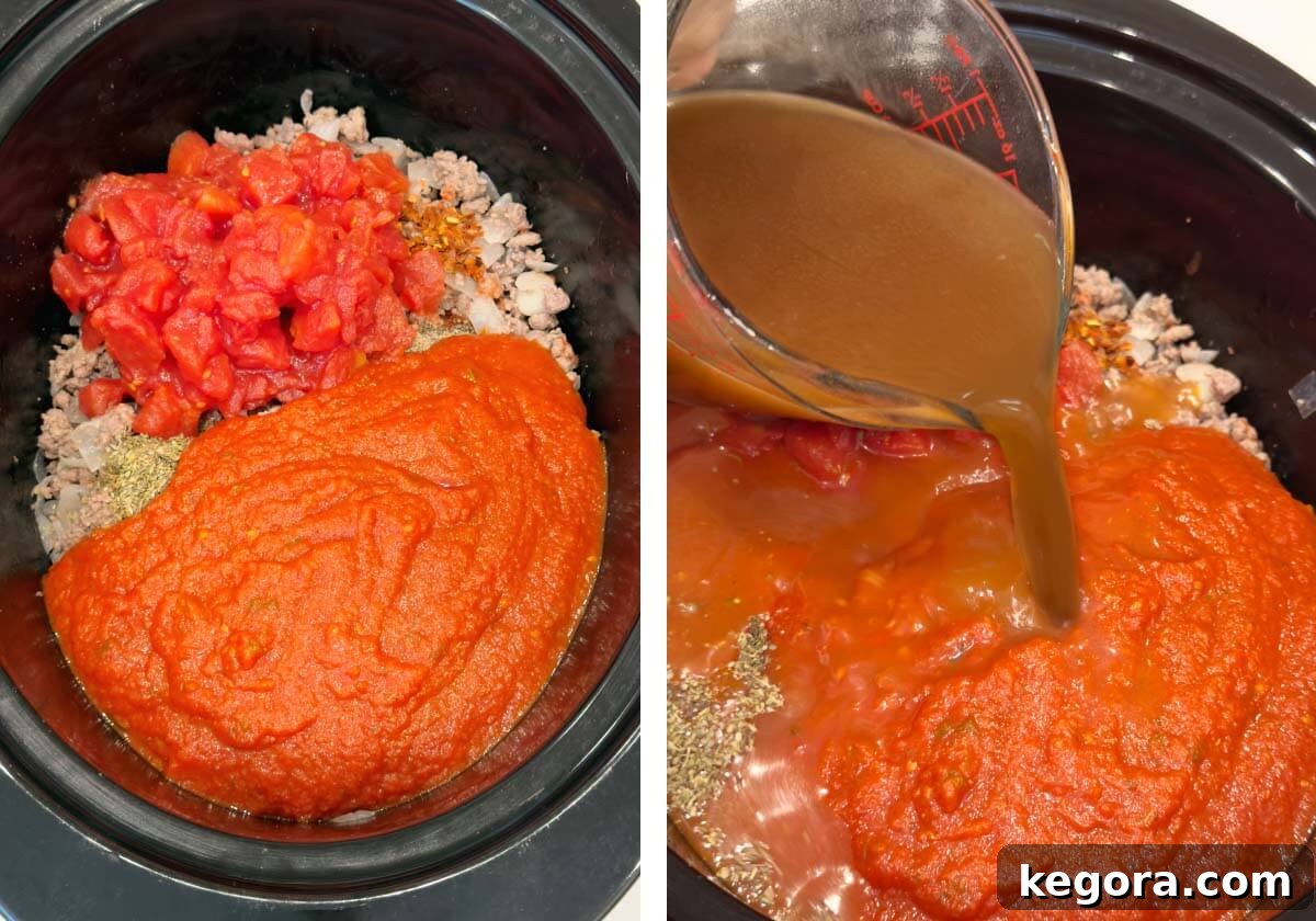 Effortless Slow Cooker Lasagna Soup 6 A two-part image showing canned diced tomatoes being added to the meat mixture in a slow cooker on the left, and beef broth being poured into the slow cooker on the right, both being stirred.