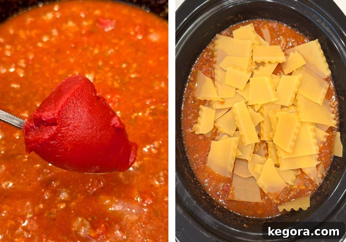Effortless Slow Cooker Lasagna Soup 7 A two-part image showing tomato paste being stirred into the soup mixture in a slow cooker on the left, and uncooked broken lasagna noodles being added to the soup on the right.