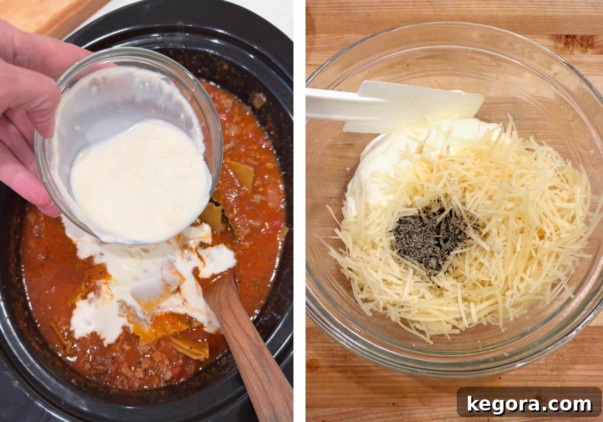 Effortless Slow Cooker Lasagna Soup 8 A two-part image showing heavy cream being poured into the finished soup in a slow cooker on the left, and a mixture of ricotta, Parmesan, and black pepper being stirred in a bowl on the right.