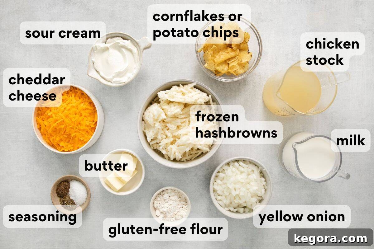 Ultimate Gluten-Free Cheesy Potato Bake 4 Assorted ingredients for gluten-free cheesy potatoes, measured and labeled on a counter.