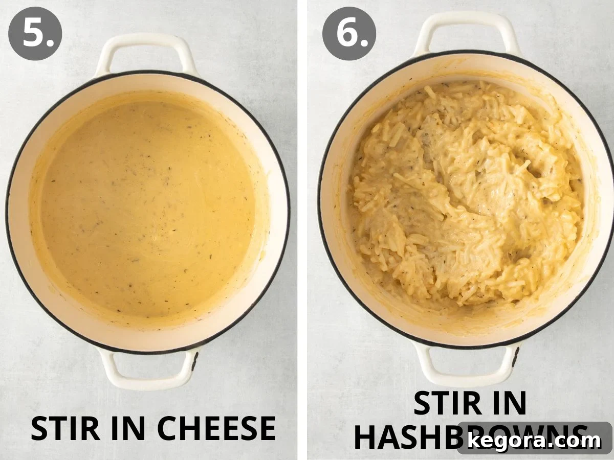 Ultimate Gluten-Free Cheesy Potato Bake 7 Shredded cheddar cheese and sour cream being stirred into the thickened sauce, followed by frozen hash browns.