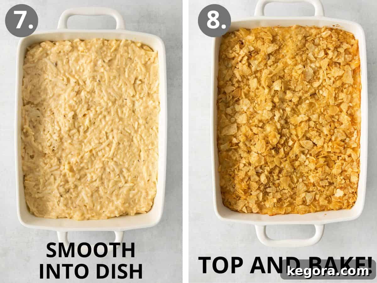 Ultimate Gluten-Free Cheesy Potato Bake 8 The hash brown mixture spread into a baking dish before baking, and a close-up of the baked casserole with a golden, crunchy topping.
