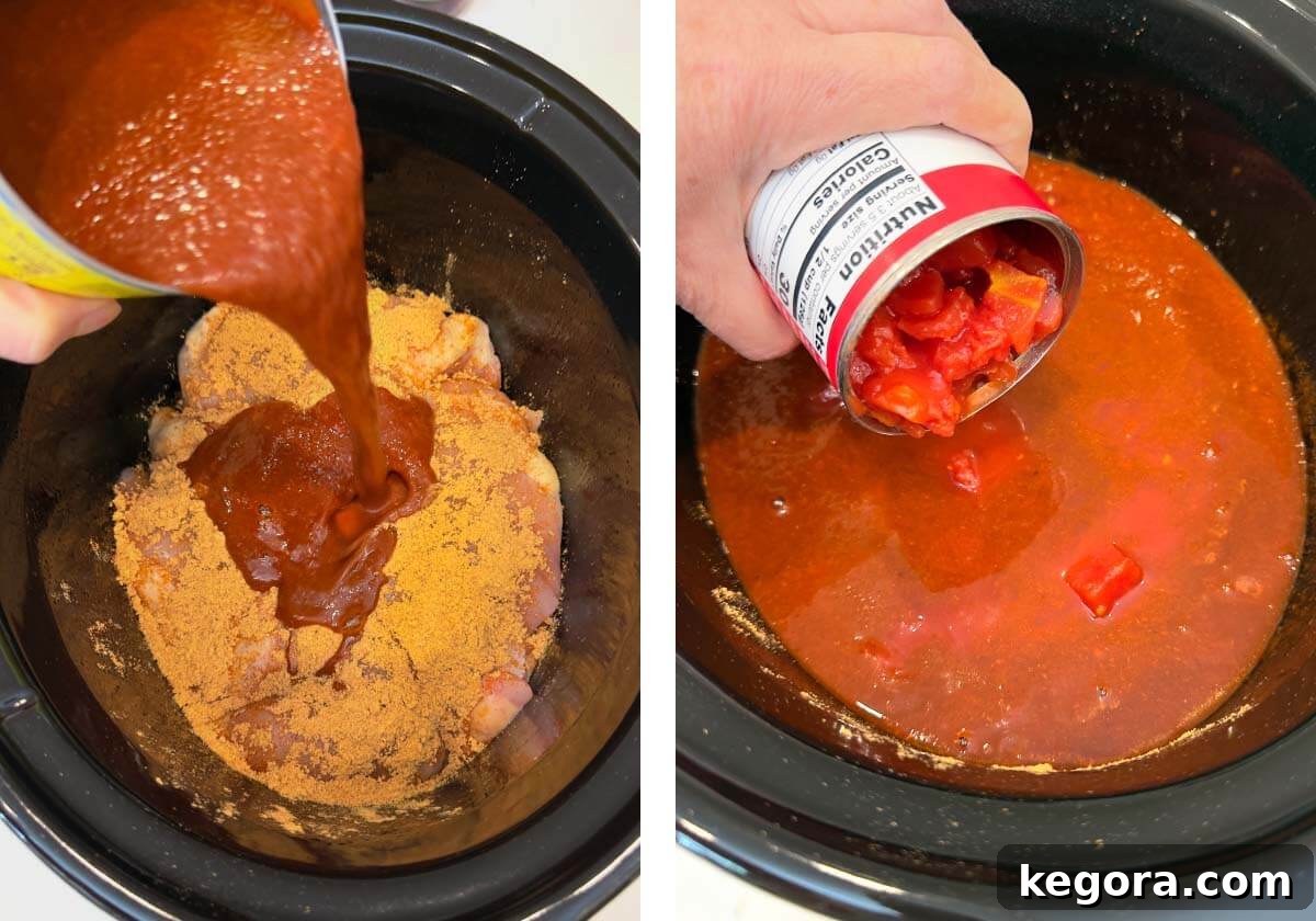 Slow Cooker Cheesy Chicken Enchilada Bake 5 Pouring enchilada sauce over seasoned chicken and adding diced tomatoes to the crockpot