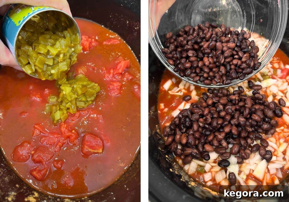 Slow Cooker Cheesy Chicken Enchilada Bake 6 Adding green chiles and black beans to the crockpot