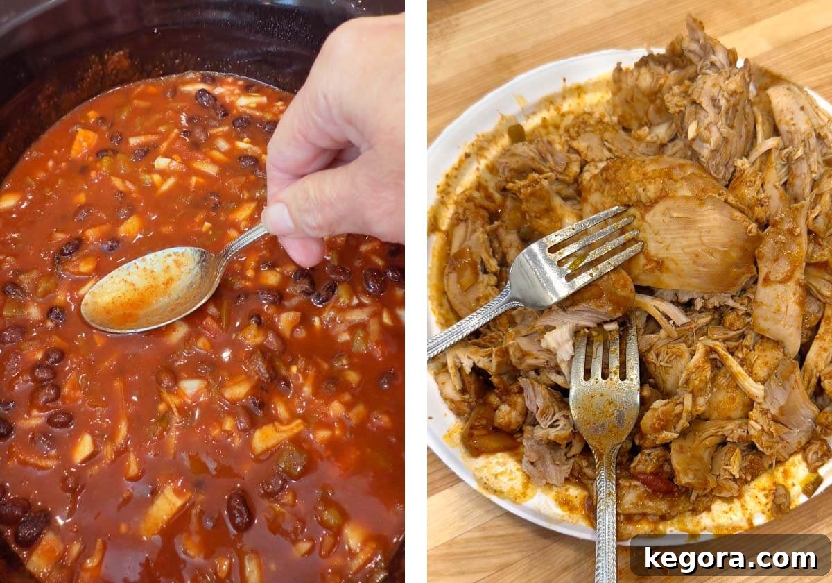 Slow Cooker Cheesy Chicken Enchilada Bake 7 Pressing onion into sauce and adding sliced tortillas to the crockpot