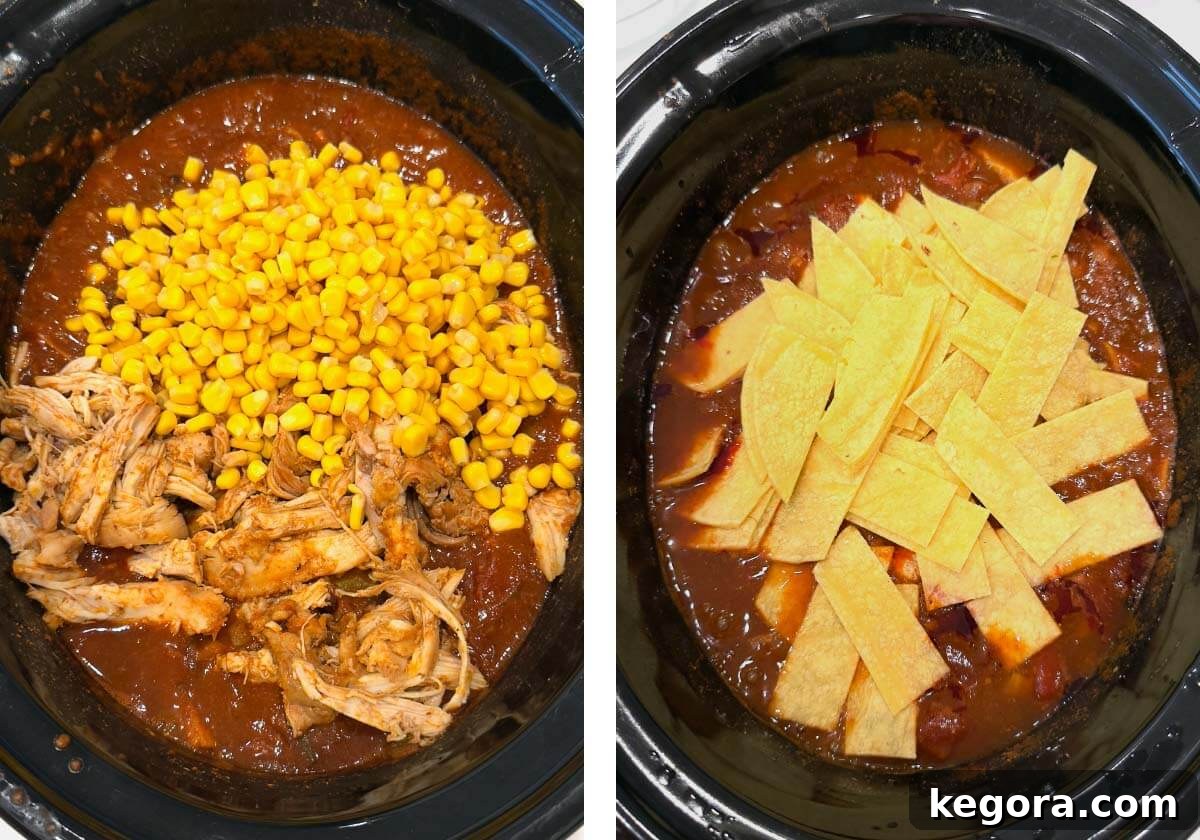 Slow Cooker Cheesy Chicken Enchilada Bake 8 Shredded chicken and corn added to crock, followed by tortillas
