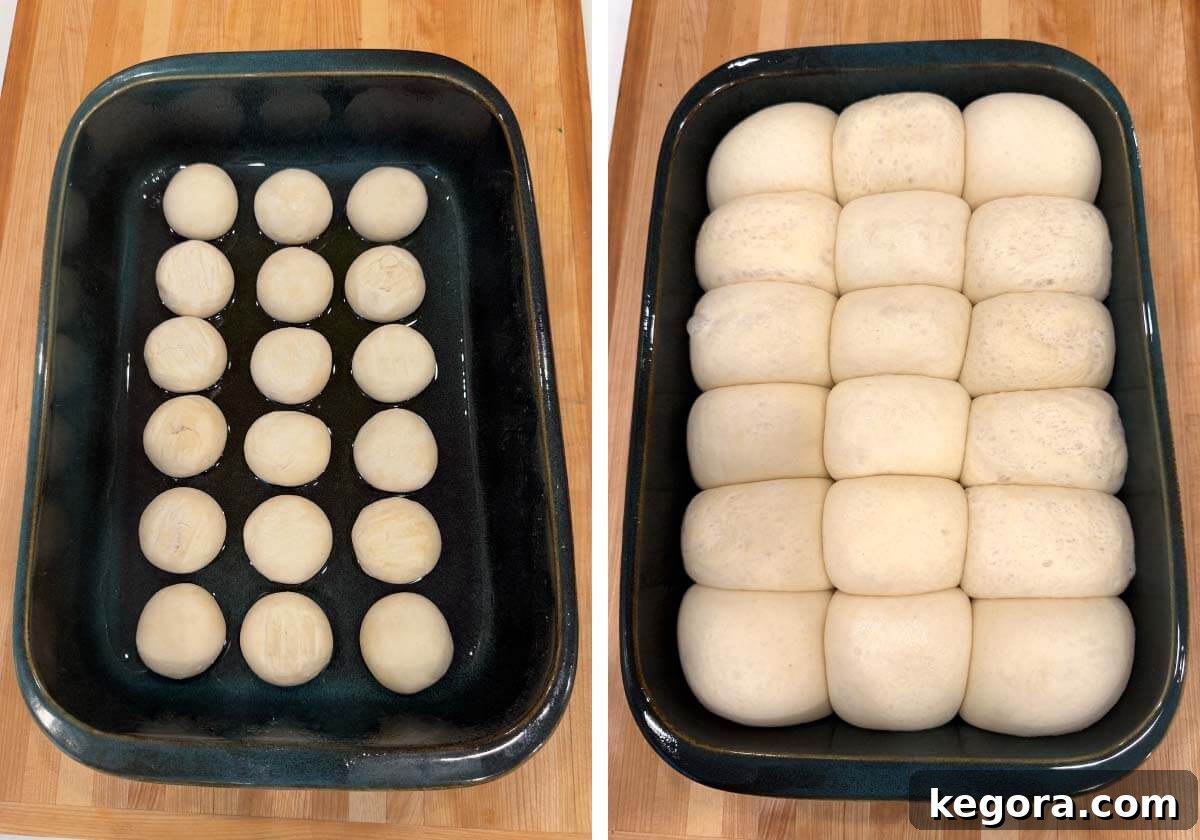 Frozen dinner rolls arranged in a baking dish, ready to rise