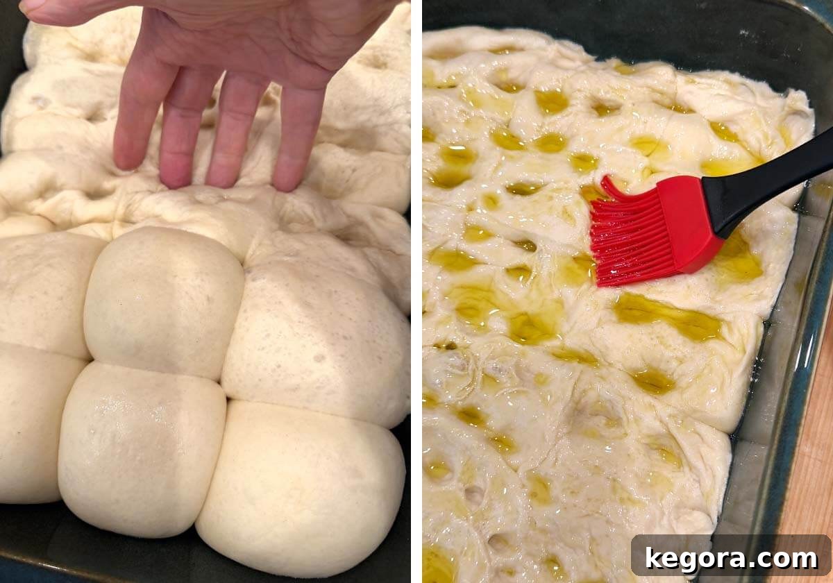 Dimpling risen dough with fingers and brushing olive oil