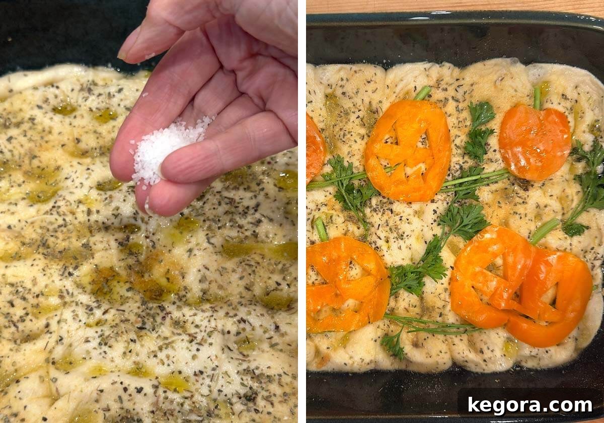 Seasoning focaccia dough with salt, decorated dough before baking