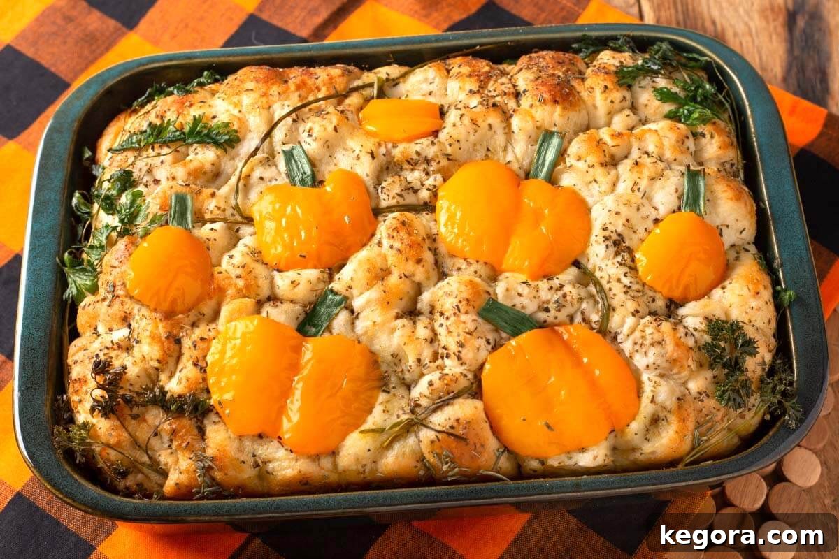 Halloween Focaccia Bread with various vegetable decorations, ready to eat