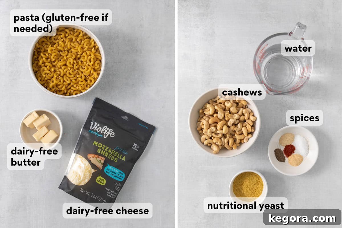Vegan Mac and Cheese 4 Various dairy-free mac and cheese ingredients laid out on a kitchen countertop, including pasta, cashews, and spices.