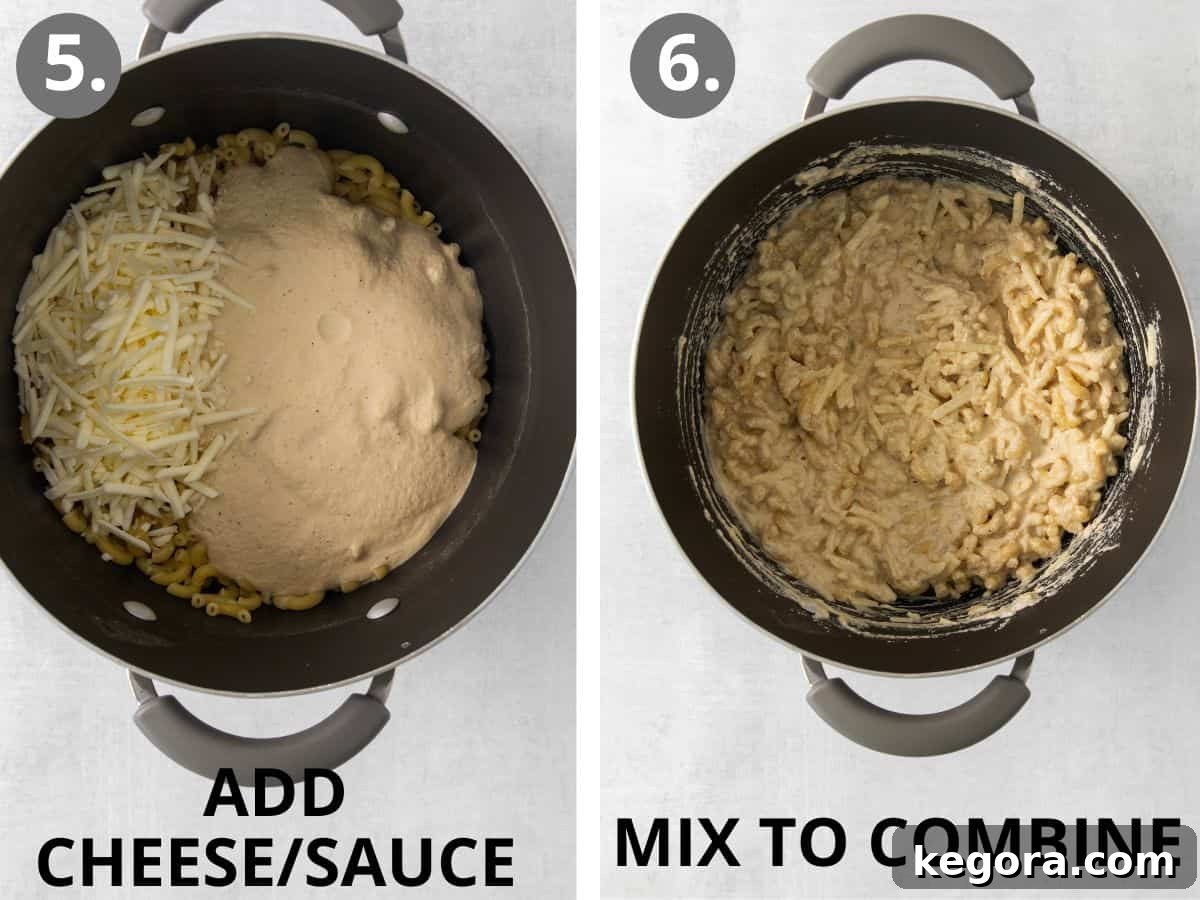 Vegan Mac and Cheese 7 The creamy cashew sauce being poured into a pot of cooked pasta, followed by a mixed pot of pasta and sauce.