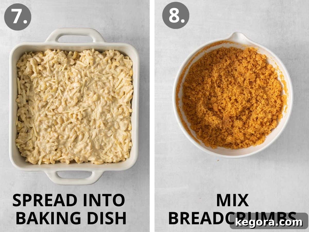 Vegan Mac and Cheese 8 Mac and cheese mixture spread evenly into a baking dish, and breadcrumbs in a small bowl with melted vegan butter.