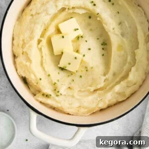 A close-up view of creamy, fluffy gluten-free mashed potatoes in a rustic cooking pot, garnished with fresh chives, ready to be served.