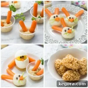 A creative assortment of healthy Easter snacks, including charming bunny-themed treats, colorful hummus cups, and delightful crispy eggs, perfect for festive snacking.