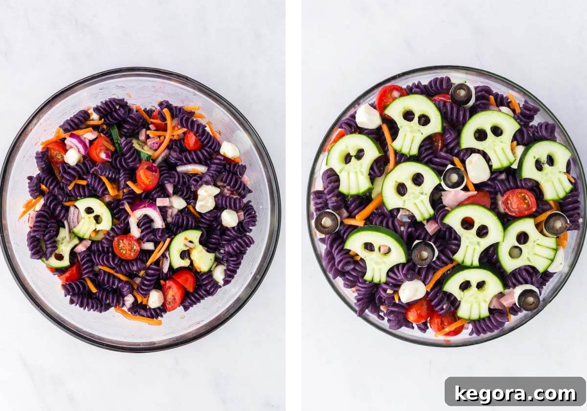 pasta salad tossed in bowl, skulls decorating the top