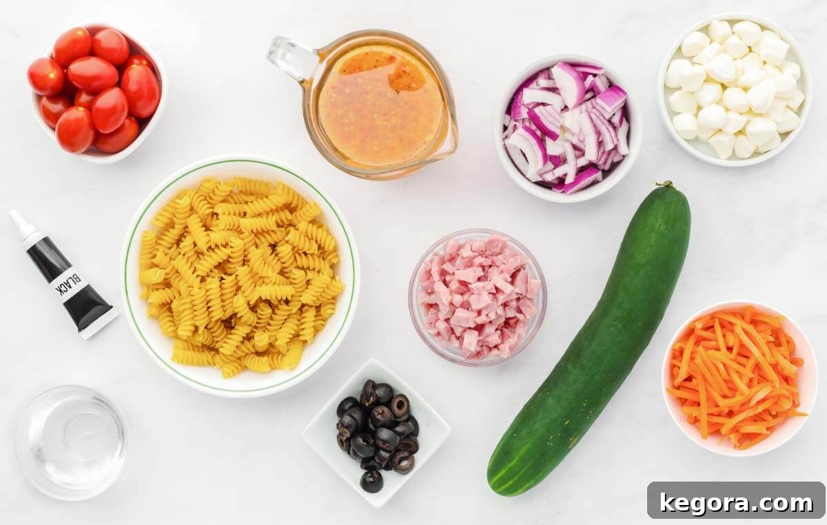 Halloween Pasta Salad ingredients shot on a board