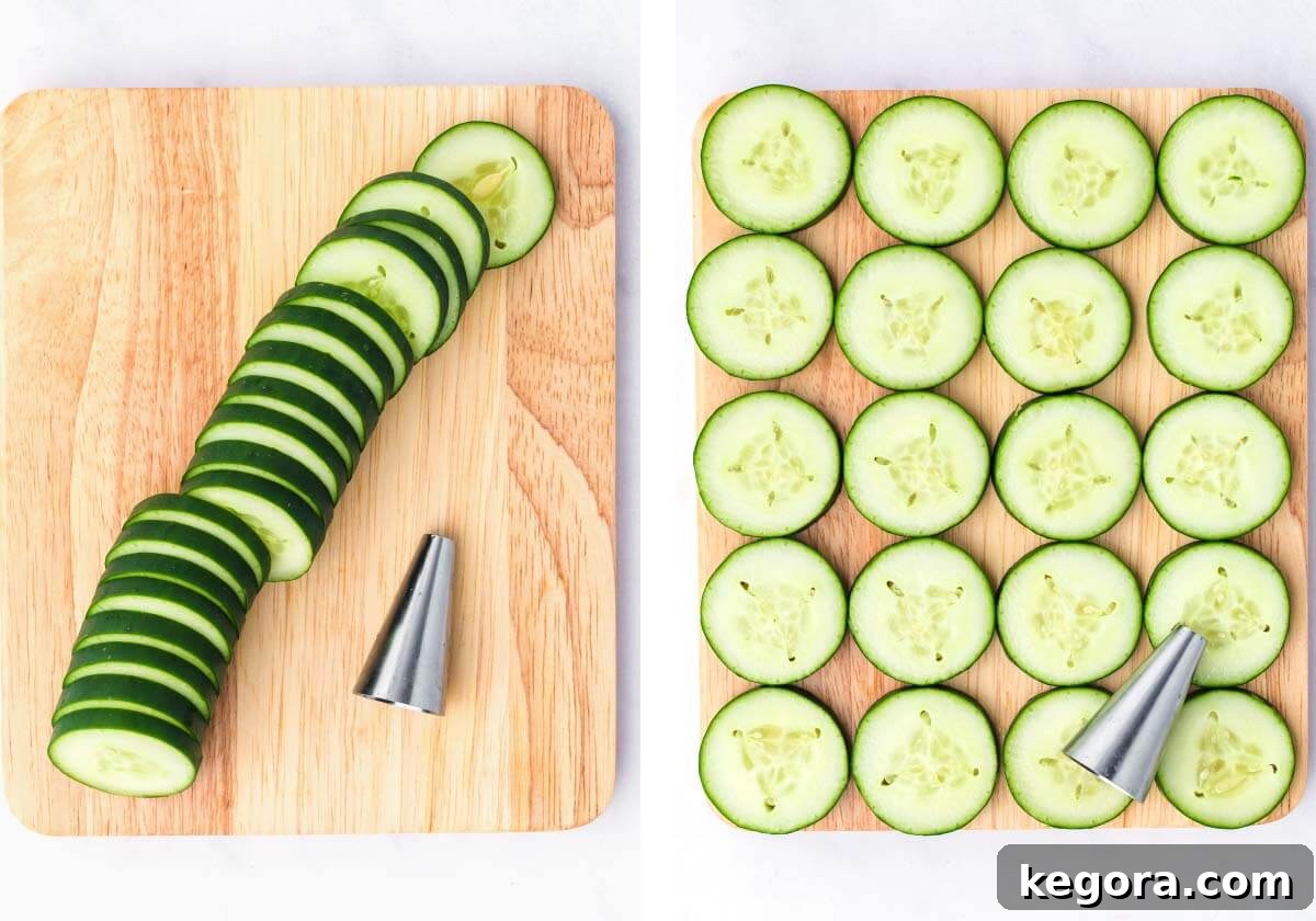 sliced cucumber on board with a piping tip