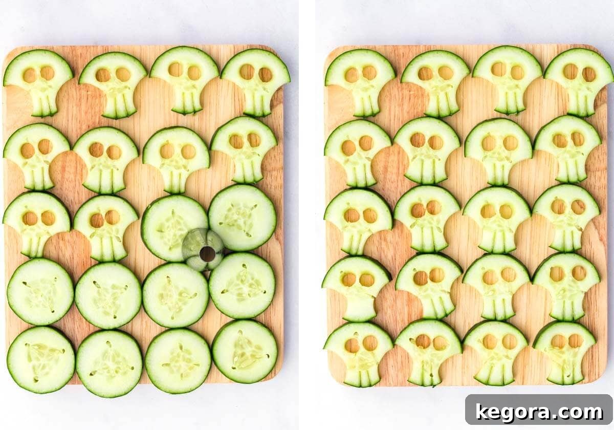 making skulls from sliced cucumber using a piping tip, Cucumber skull pasta salad – punching eyes with piping tip
