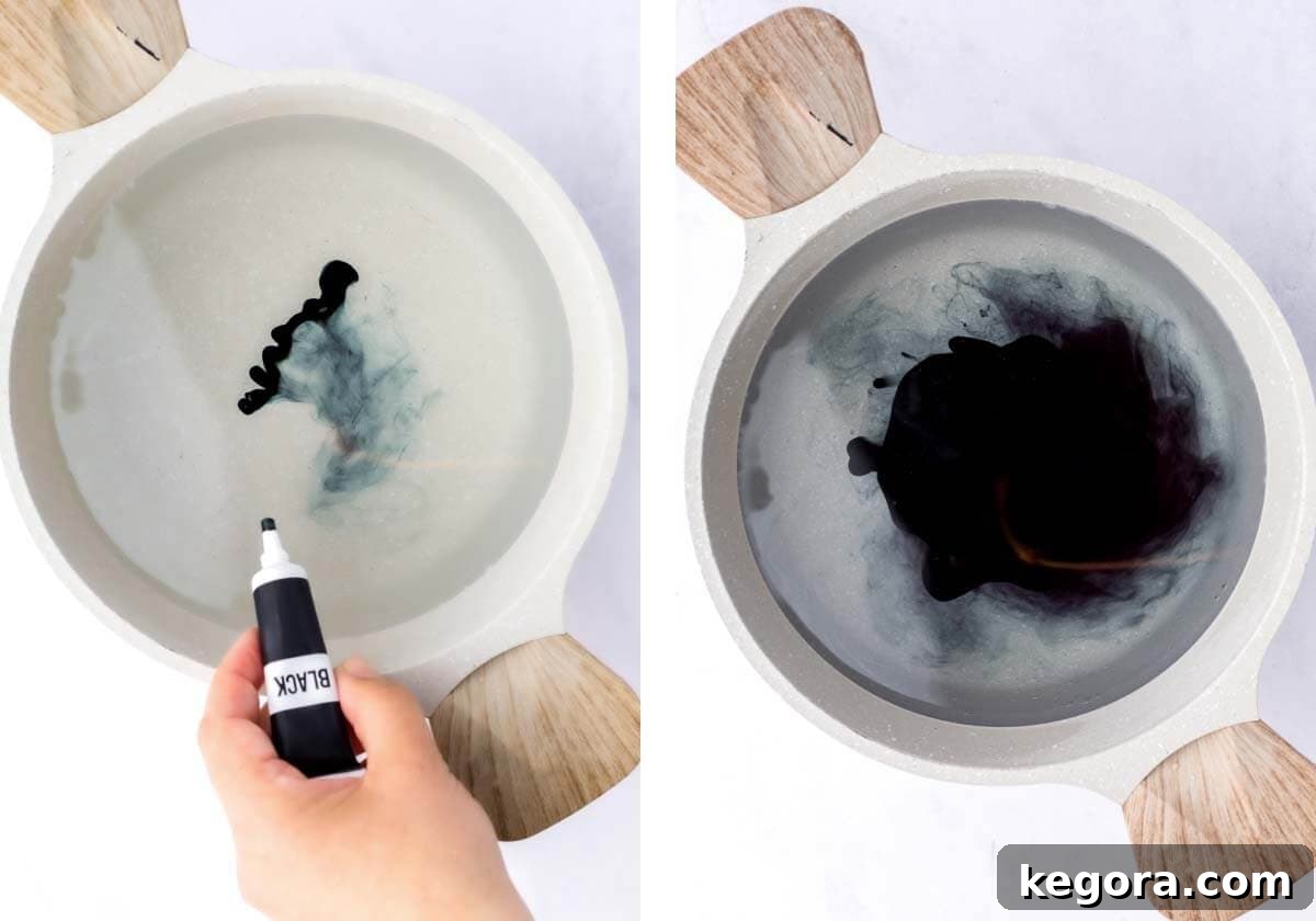 adding food coloring to pasta water, Dyeing pasta water for purple spooky pasta salad