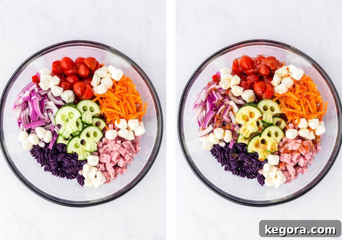pasta salad ingredients added to a bowl, dressing added