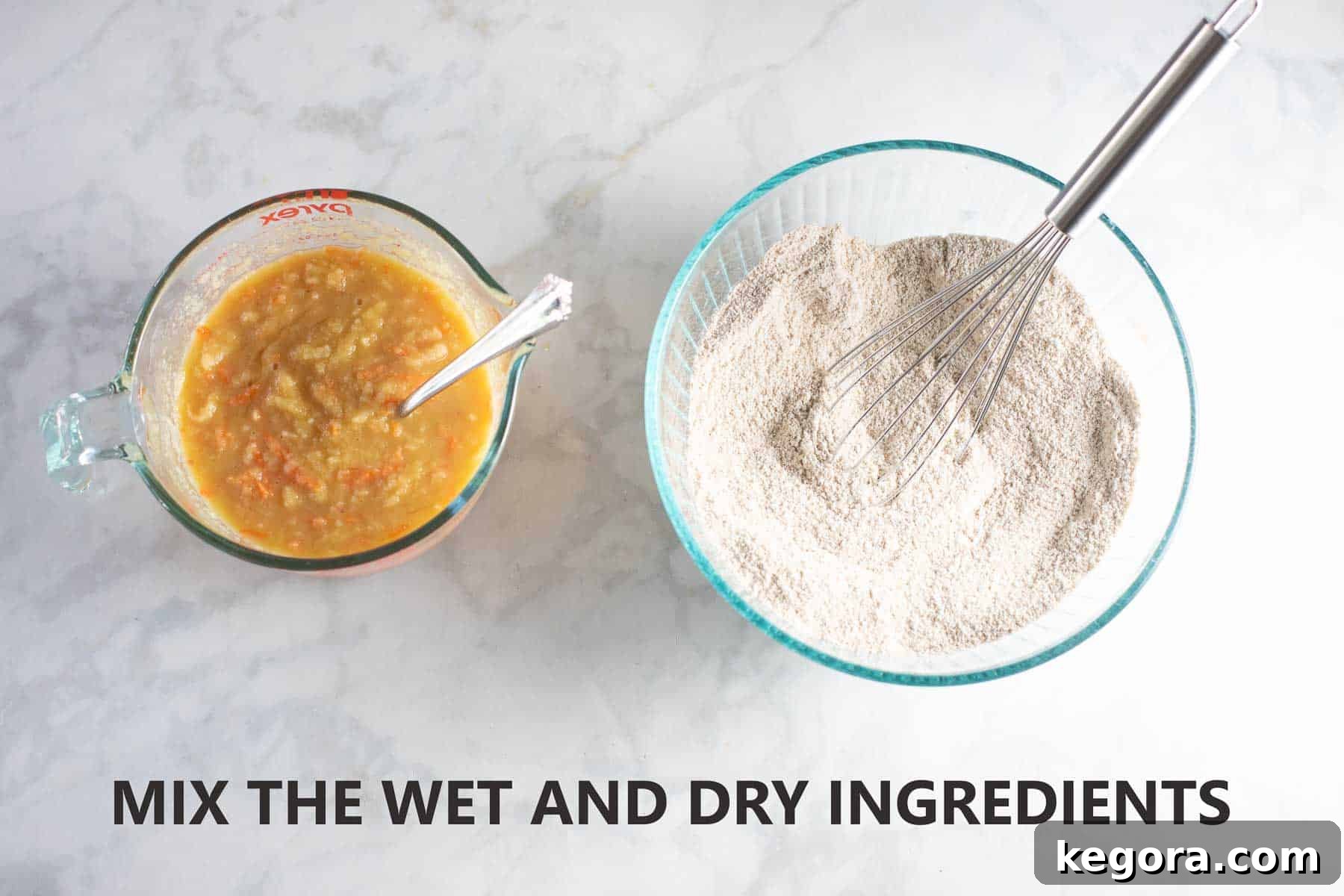 Wet and dry ingredients for buckwheat muffins mixed together in glass bowls