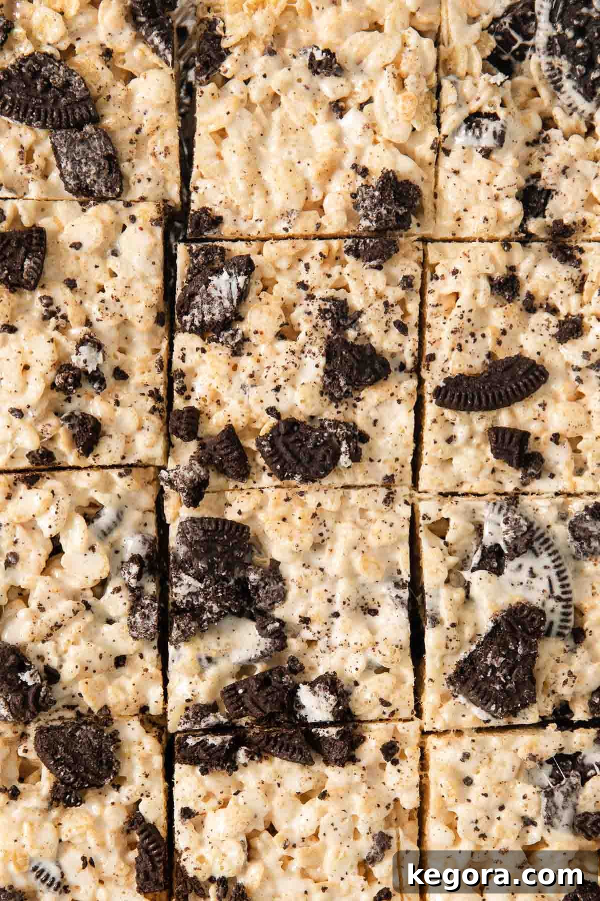 Gluten-Free Oreo Crunch Bars 2 Gluten-free Oreo rice crispy treats cut into squares, showcasing a perfect cross-section of crispy cereal and Oreo chunks