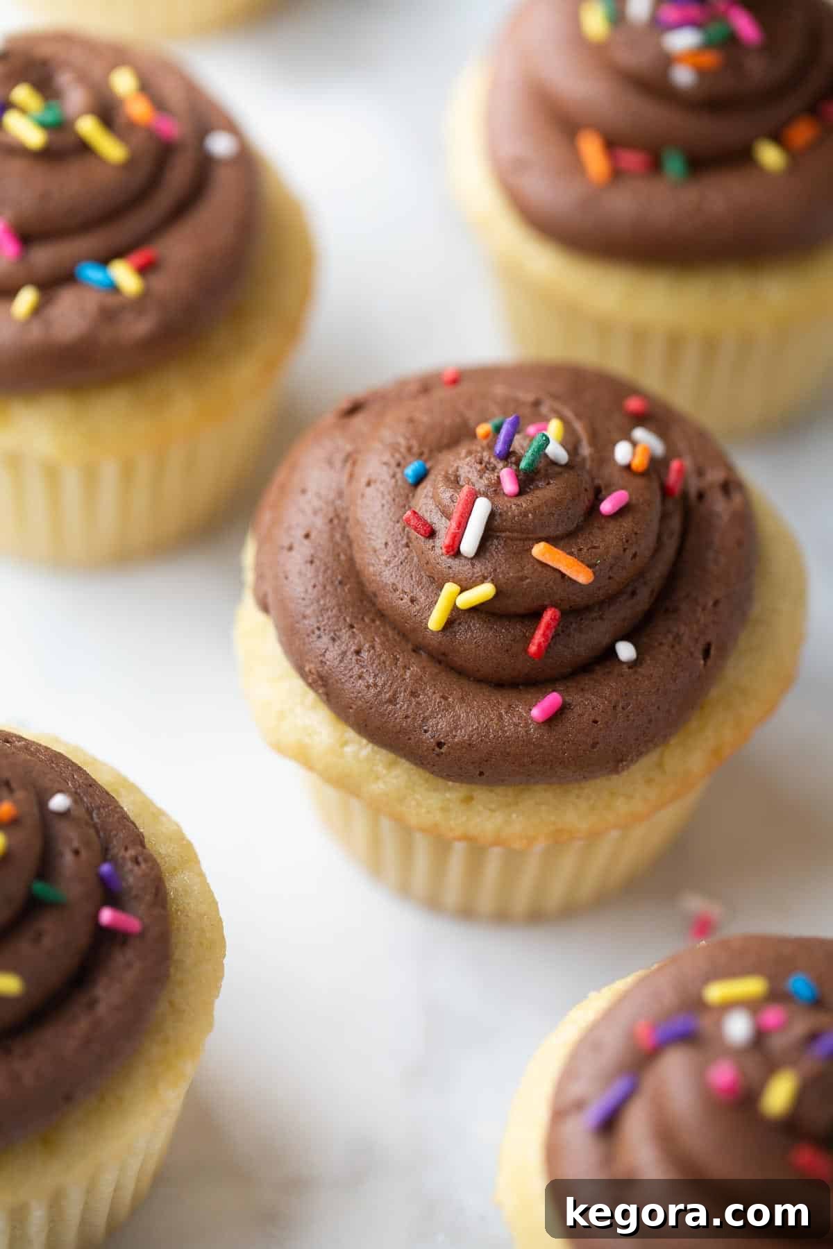 Close-up shot of perfectly frosted gluten-free vanilla cupcakes adorned with colorful sprinkles, showcasing their fluffy texture.