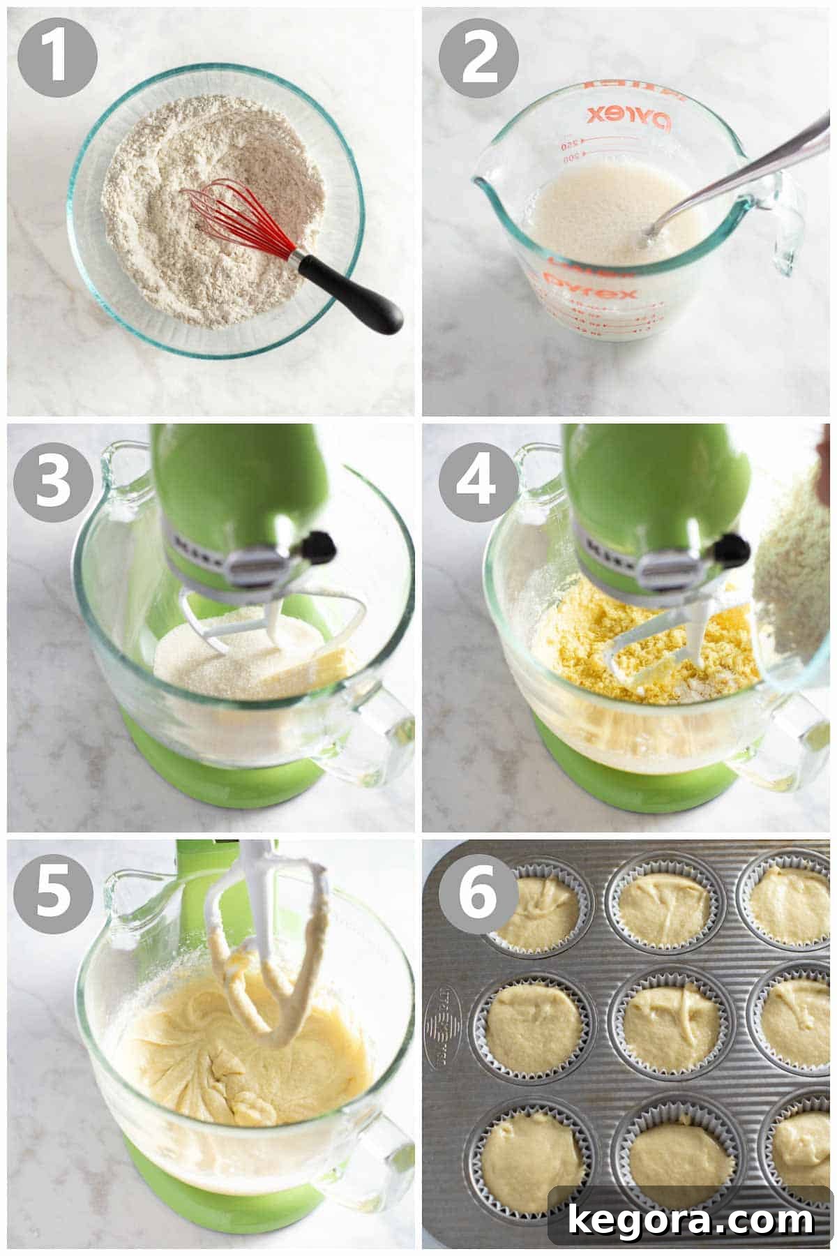 Step-by-step guide on how to make gluten-free vanilla cupcakes, showing the batter being scooped into lined muffin pan.
