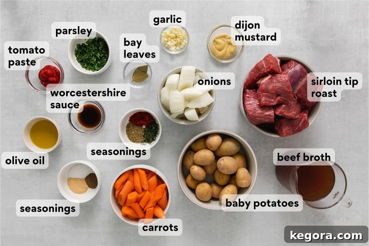 Sirloin tip roast ingredients laid out on a countertop