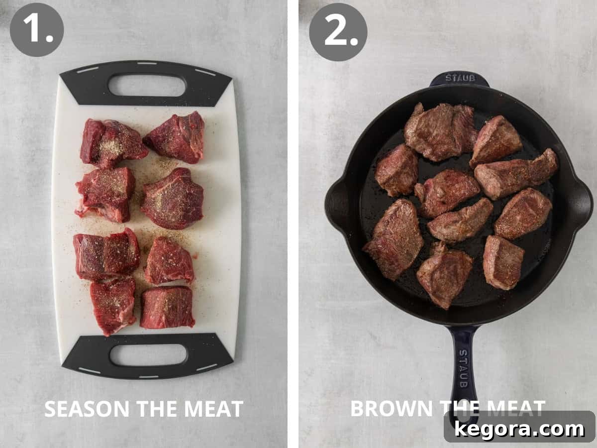 Sirloin tip roast cut up on a cutting board, and sirloin tip roast searing in a pan