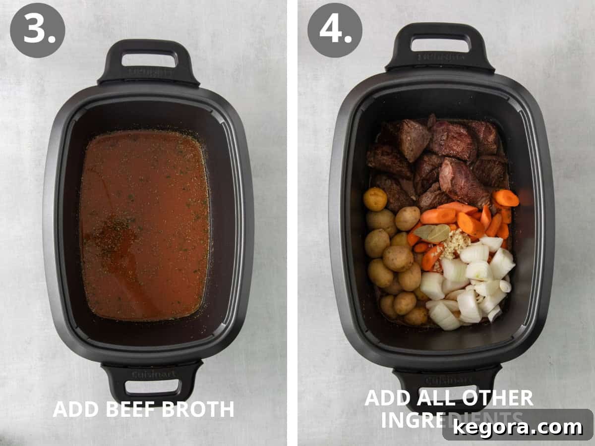 Sirloin tip roast broth in a slow cooker insert and vegetables and seared meat in a slow cooker