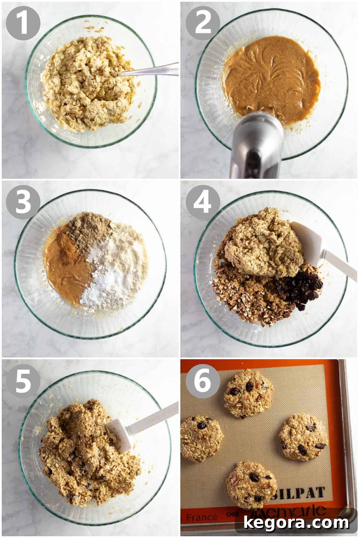 A photo collage illustrating the step-by-step process of making banana cookies, from mixing ingredients to shaping dough.