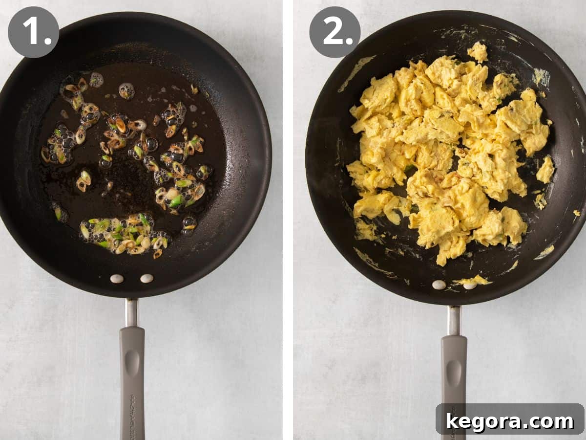 A vibrant scene of cooking, with colorful peppers and onions gently sauteeing in one pan, while eggs softly scramble in a separate skillet, setting the stage for delicious breakfast tacos.