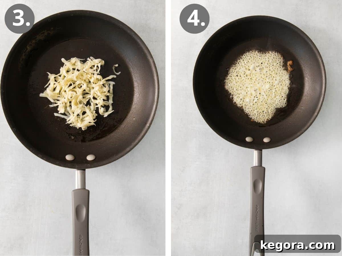 A dynamic cooking sequence: shredded Monterey Jack cheese beginning to sizzle and melt into a perfect circle in a hot skillet, followed by the golden-brown, crispy fried cheese ready for a tortilla.