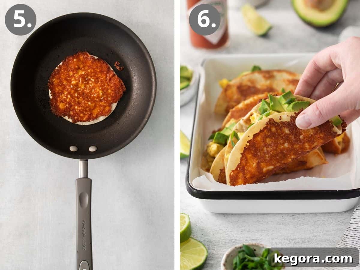 A corn tortilla being pressed onto a sizzling fried cheese disc in a skillet, creating a unified crispy cheese tortilla, followed by a close-up of an assembled breakfast taco being picked up from a baking dish.