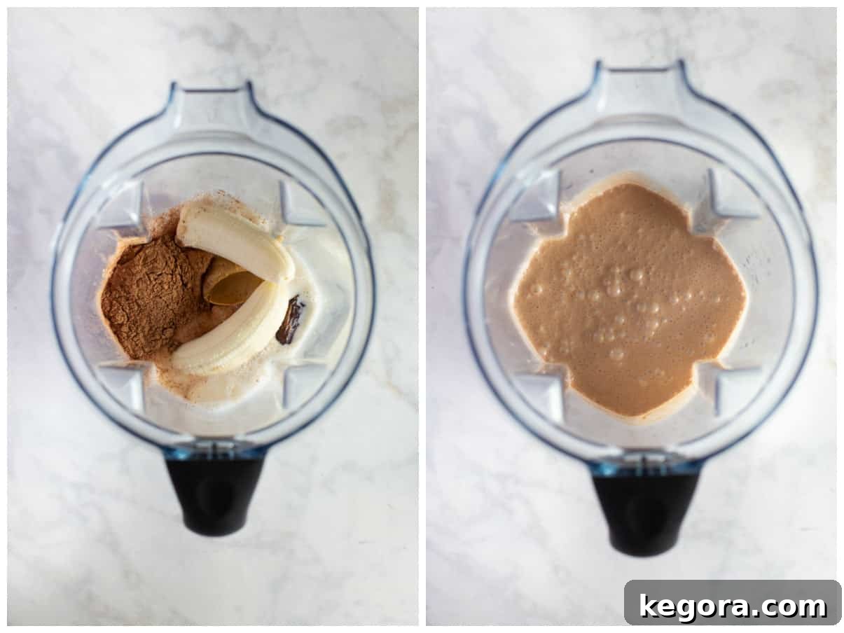 Choco-PB Banana Dream 2 Top-down view of ingredients blending into a smooth, creamy mixture inside a high-powered blender, indicating the start of a delicious smoothie.