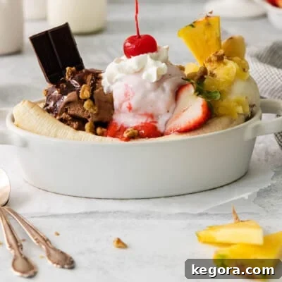 Timeless Banana Split Indulgence 10 A side view of a banana split on a table