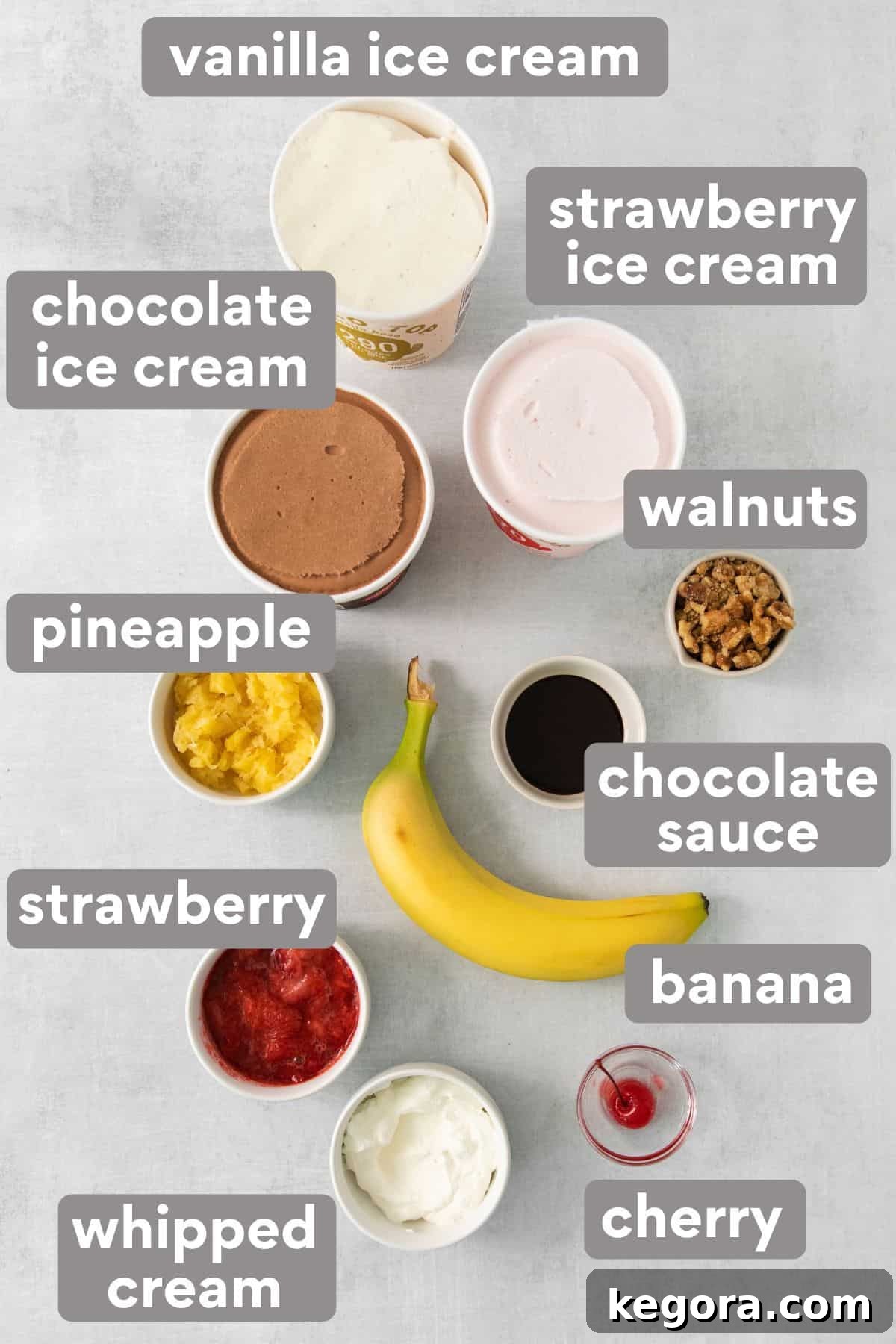 Timeless Banana Split Indulgence 3 Banana split ingredients on a countertop